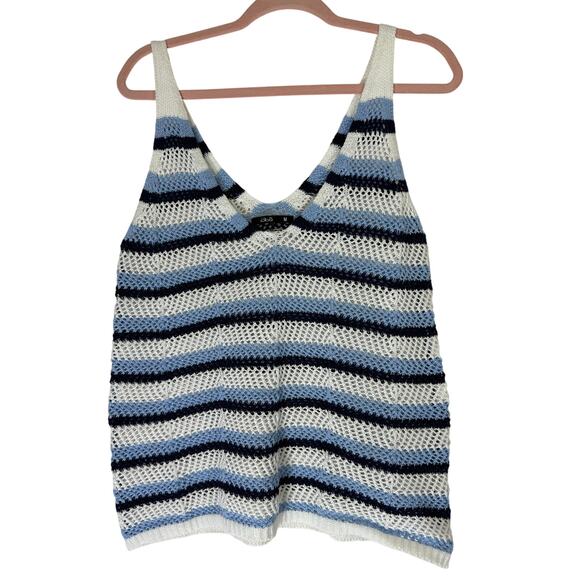 obu Tops - obu Blue & White Stripe V-neck Cotton Crochet Open Knit Summer Tank Top Size M